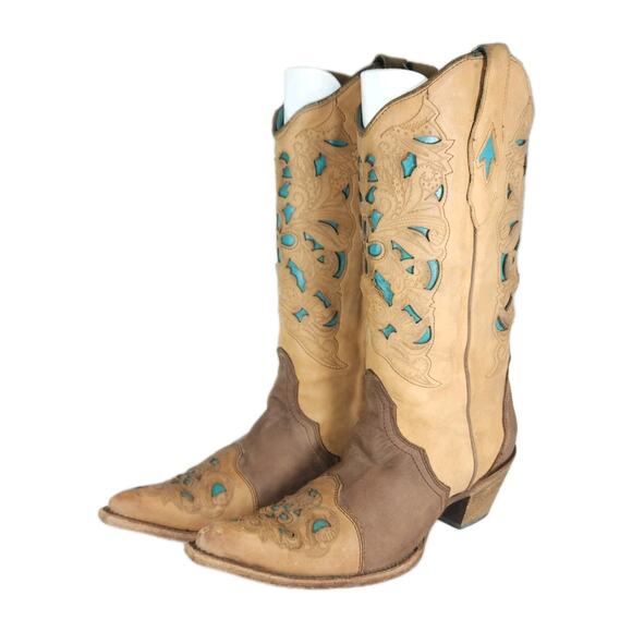Corral Vintage Womens US 10M Inlay Brown Leather Turqoise Cut Out Western Boots - Picture 1 of 16
